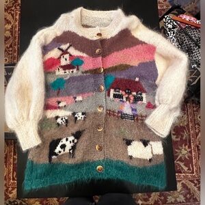 Vintage Susan Vale Hand Knit Angora Wool Farm Scene Lined Cardigan RARE